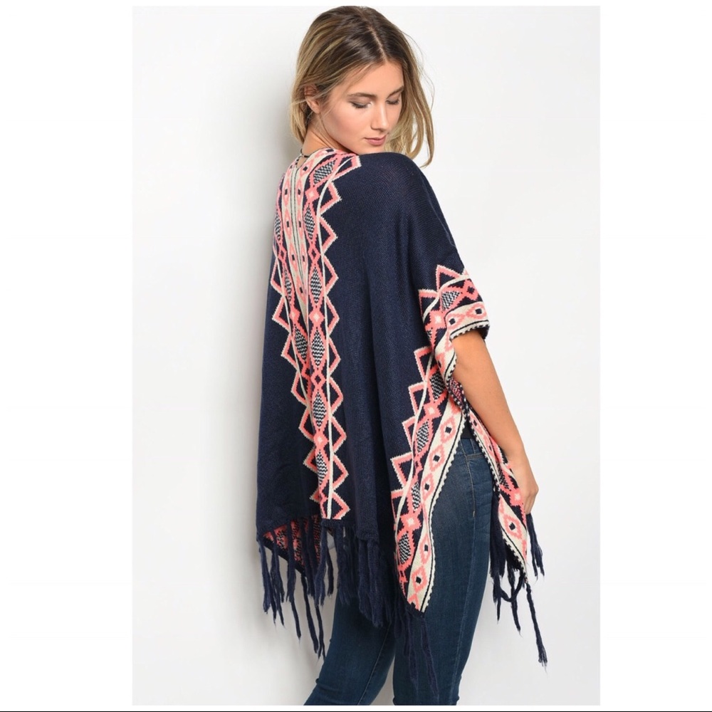 Navy Neon Pink Boho Open Knit Cardigan Sweater NWT - Picture 3 of 4